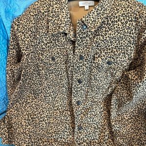Mid length jacket. Long sleeve. Leopard print denim. Size 3x.